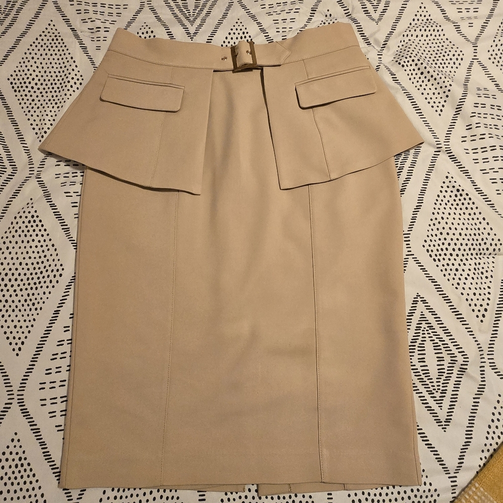 New York & Company Pencil Skirt with Removable Peplum Belt Beige Women's Size 10